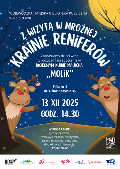 Grafika promująca spotkanie dla dzieci Z wizytą w mroźnej krainie reniferów